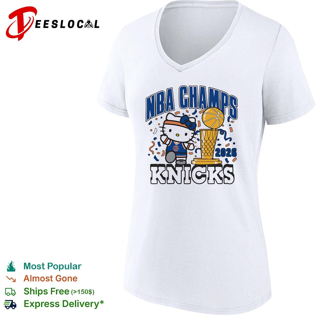 Hello Kitty wearing Knicks jersey 2026 NBA Champs trophy confetti cartoon shirt