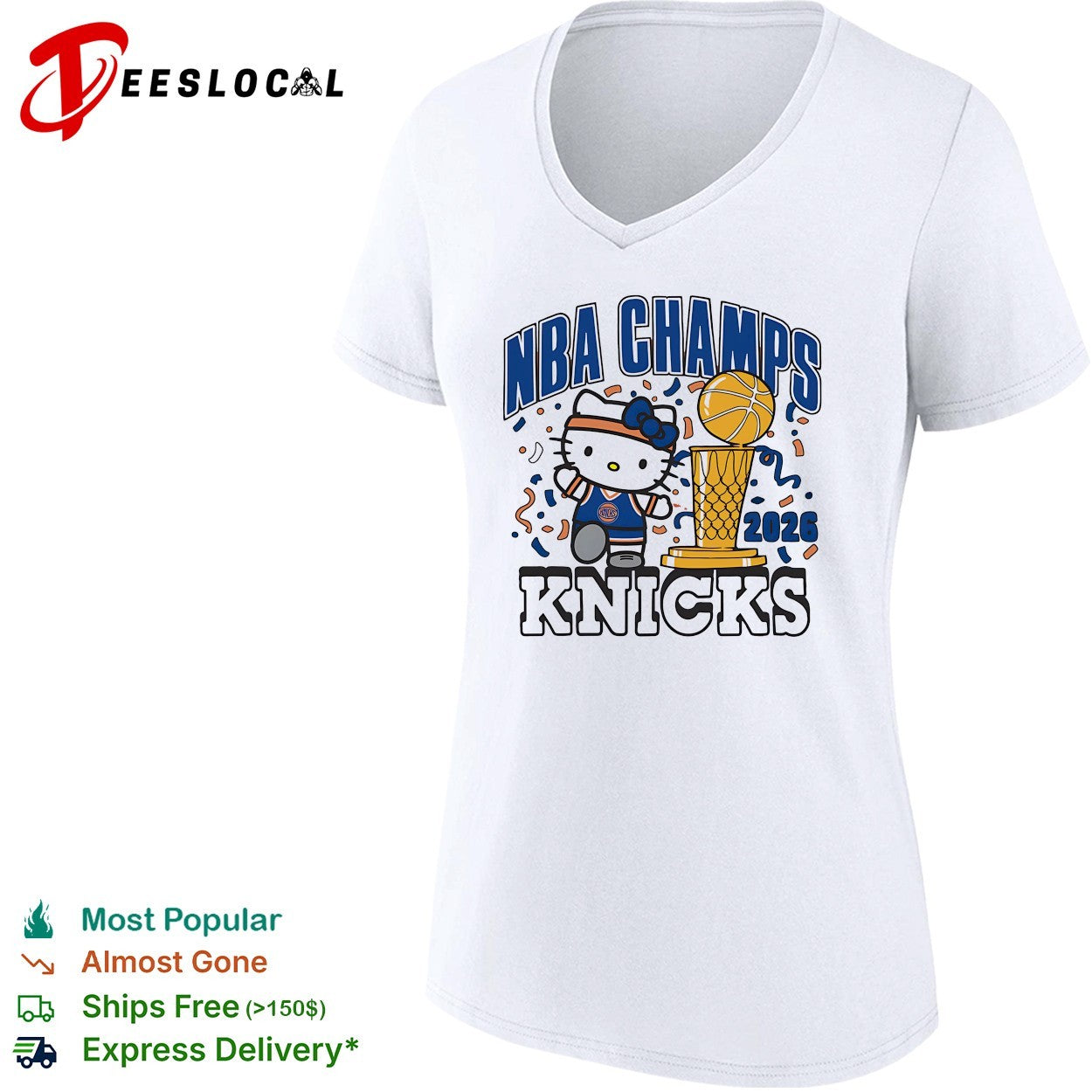 Hello Kitty wearing Knicks jersey 2026 NBA Champs trophy confetti cartoon shirt