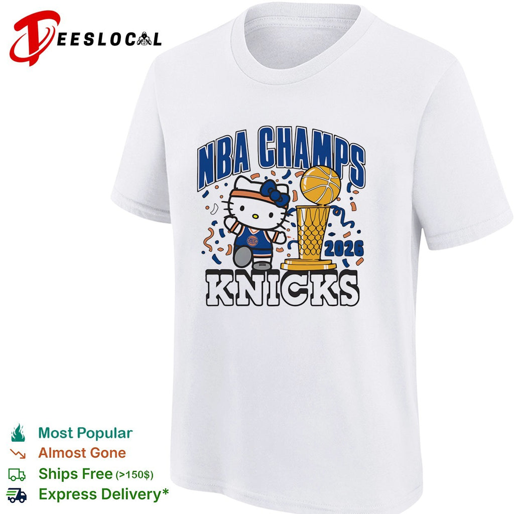 Hello Kitty wearing Knicks jersey 2026 NBA Champs trophy confetti cartoon shirt