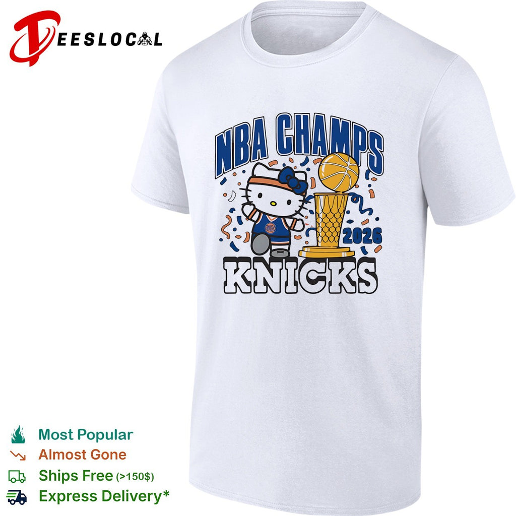 Hello Kitty wearing Knicks jersey 2026 NBA Champs trophy confetti cartoon shirt
