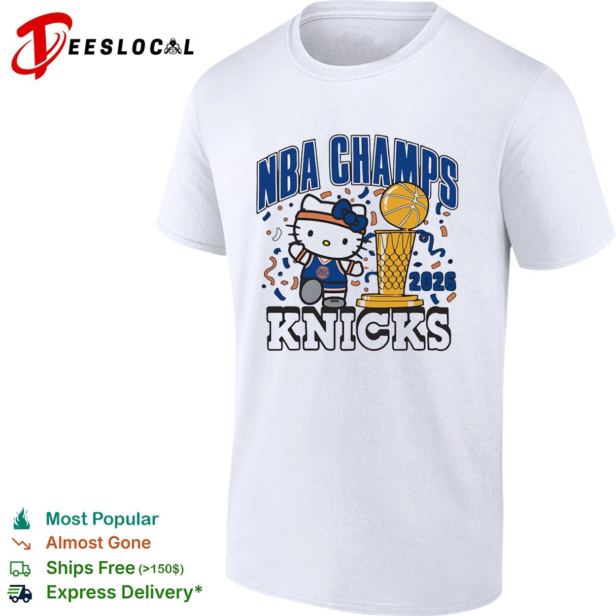 Hello Kitty wearing Knicks jersey 2026 NBA Champs trophy confetti cartoon shirt