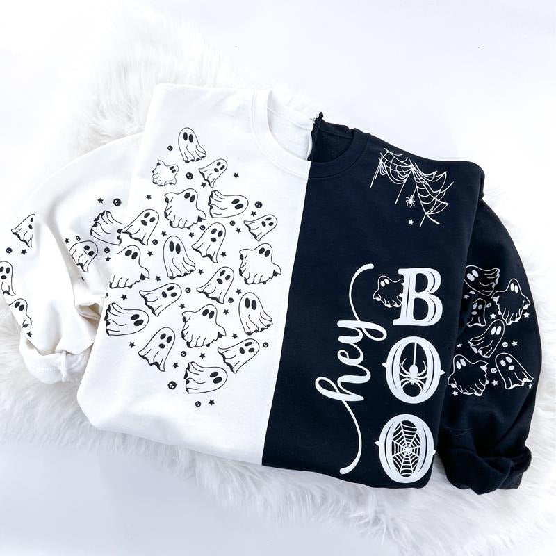 Hey Boo Halloween Colorblock Sweatshirt Comfy Womenswear Tops T-Shirts, Hoodie | TeeBloomCo.com