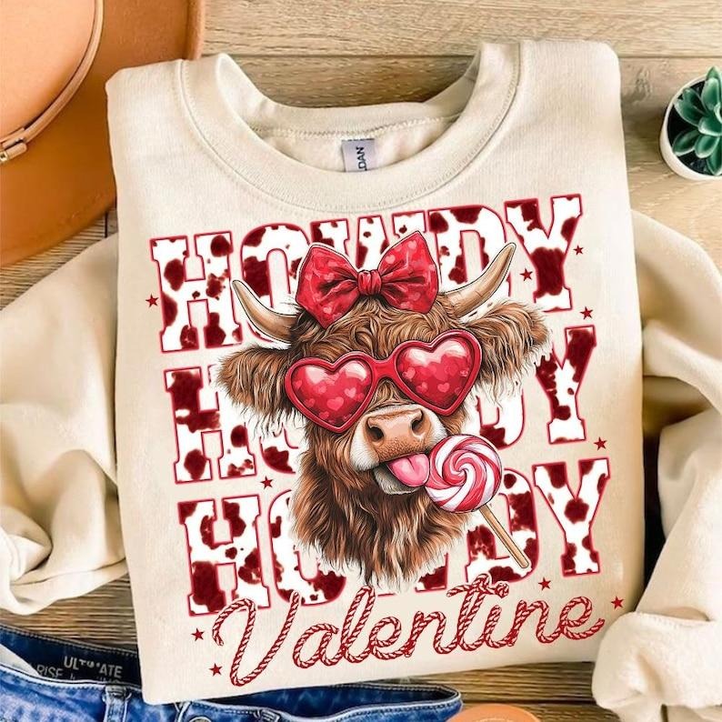 Highland Cow | Retro Valentine Coquette Sweatshirt | Heart Western Designs T-Shirts, Hoodie | TeeBloomCo.com
