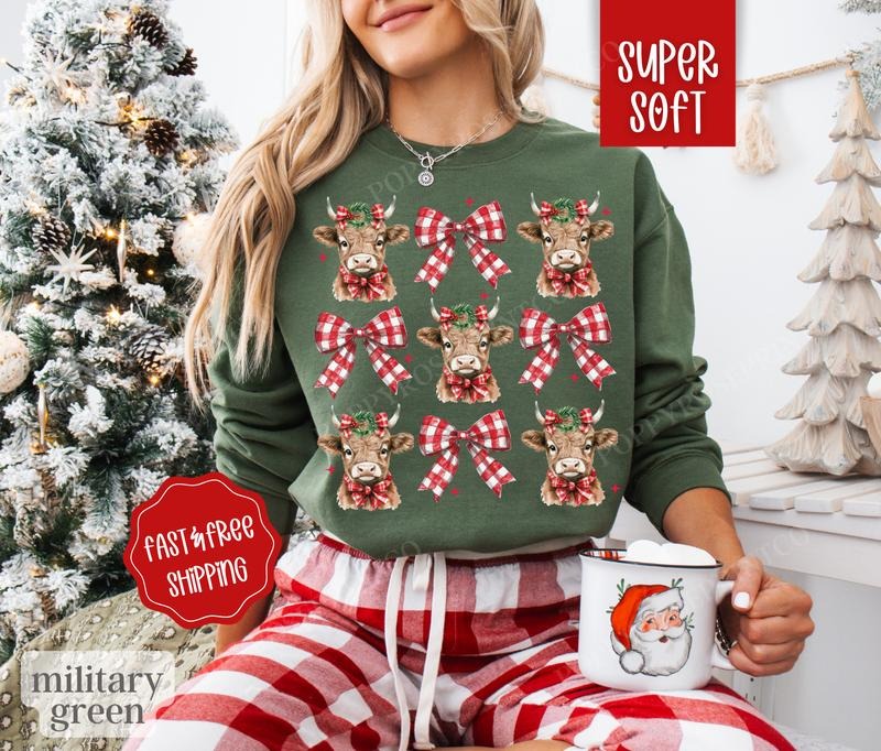Highland Cow Christmas Sweatshirt, Christmas Sweater, Women's Holiday Crewneckstyle{n002}2 T-Shirts, Hoodie | TeeBloomCo.com