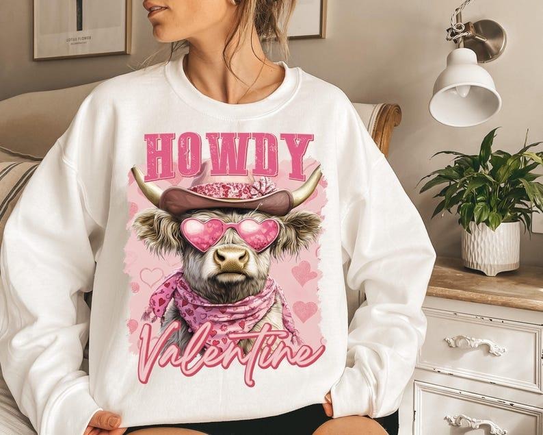 Highland Cow Crewneck | Valentine Coquette Sweatshirt | Retro Heart Love Design T-Shirts, Hoodie | TeeBloomCo.com