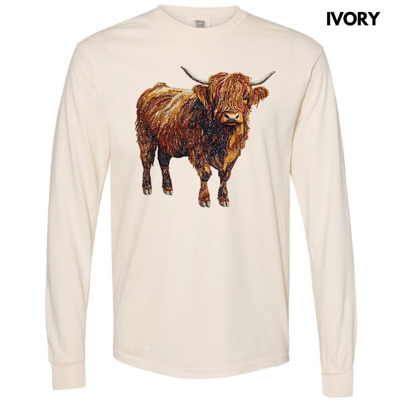 Highland Cow Faux Rhinestone Long Sleeve Comfort Colors T-Shirt Hoodie, Sweatshirt | TeeBloomCo.com