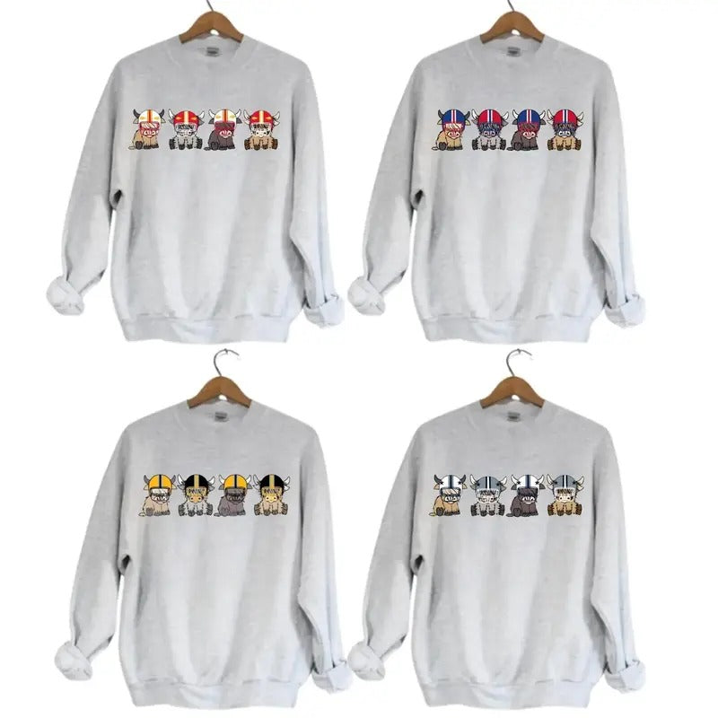 Highland Cow Football Sport Grey Team Football  Lovers Gift Unisex Crewneck Hoodie Sweatshirt T-Shirts | TeeBloomCo.com