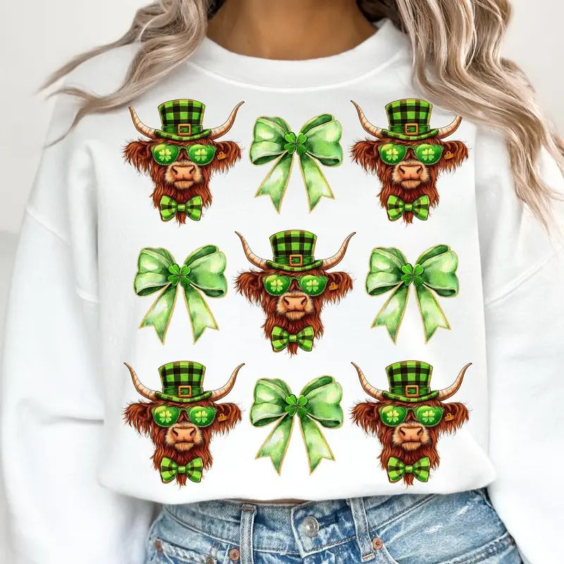 Highland Cow St Patricks Coquette Sweatshirt, Retro St Patricks Shirt, Shamrock Shirt, Lucky Sweatshirt Hoodie
