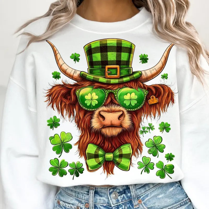 Highland Cow St Patricks Sweatshirt, Retro St Patricks Shirt, Shamrock Shirt, Lucky Sweatshirt Hoodie | TeeBloomCo.com