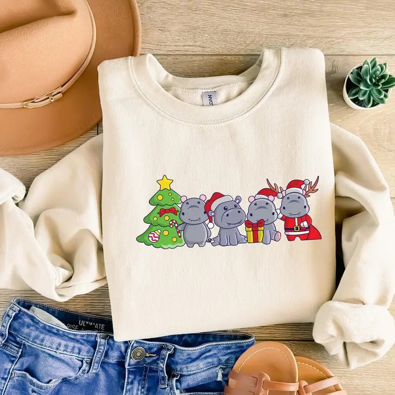Hippopotamus Christmas Sweatshirt, Retro Hippo Christmas Light Sweatshirt, Hippo Lover Xmas Shirt, Hippo Christmas...