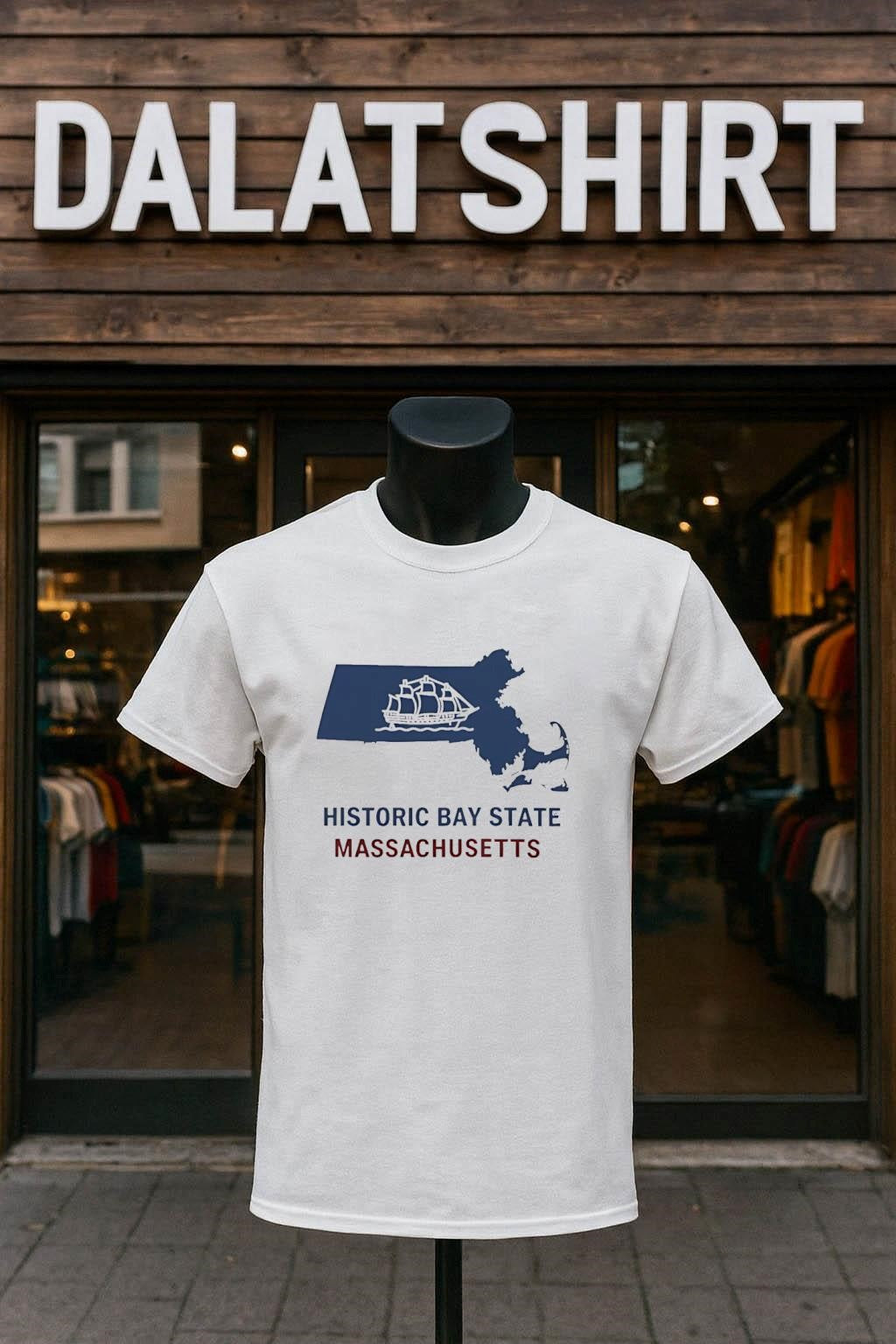 Historic Bay State Massachusetts sailing ship blue map shirt