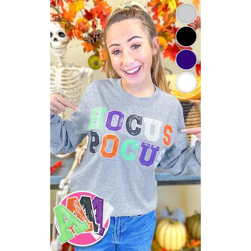 Hocus Pocus Halloween Sequin Graphic Long Sleeve T-Shirt Hoodie, Sweatshirt | TeeBloomCo.com