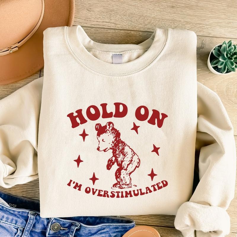Hold On I'm Overstimulated Funny Hoodie, Funny Bear Hoodie, Meme Sweatshirt, Funny Friends Gifts T-Shirts | TeeBloomCo.com