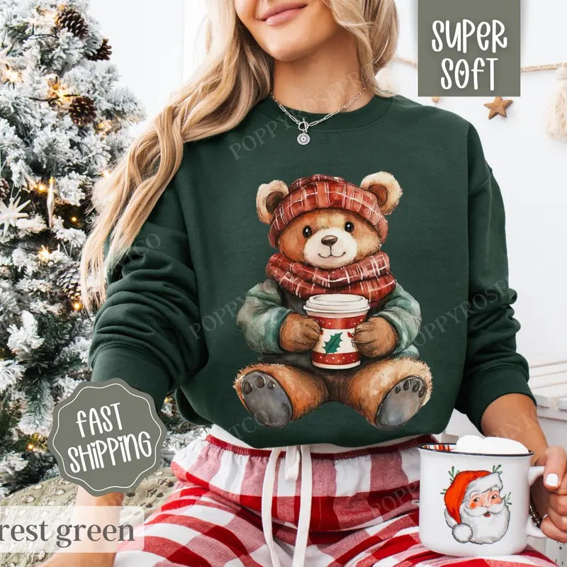 Holiday Bear Sweatshirt, Cute Christmas Sweater, Women's Holiday Crewneck T-Shirts, Hoodie | TeeBloomCo.com