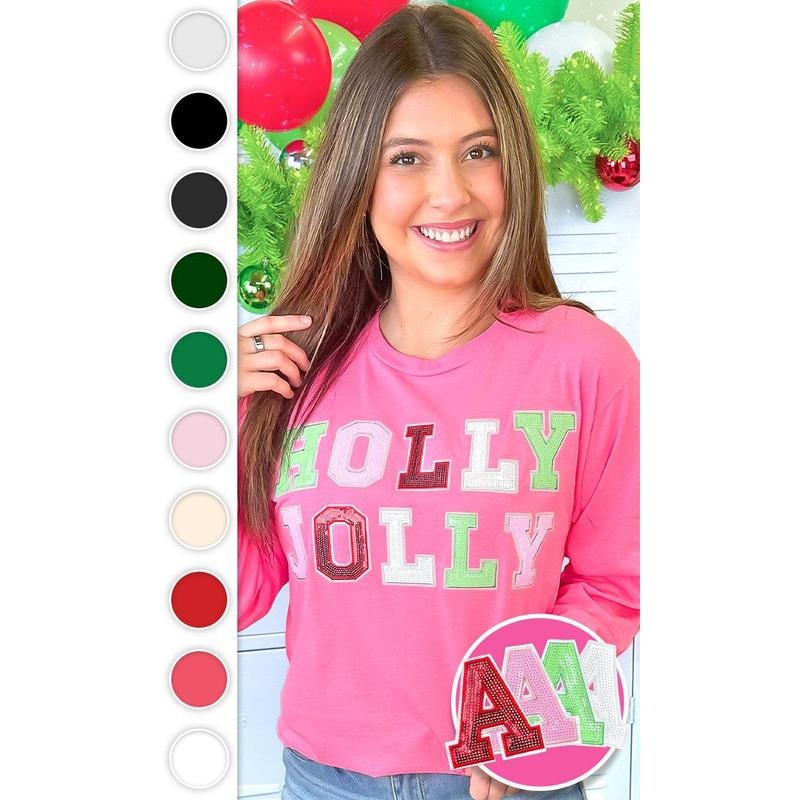 Holly Jolly Sequin Christmas Graphic Long Sleeve T-Shirt Hoodie, Sweatshirt | TeeBloomCo.com