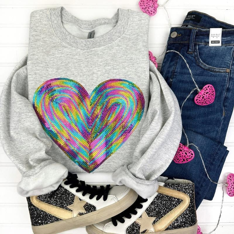 Holographic HEART Sequin Patch Sweatshirt -- Ash Grey T-Shirts, Hoodie | TeeBloomCo.com