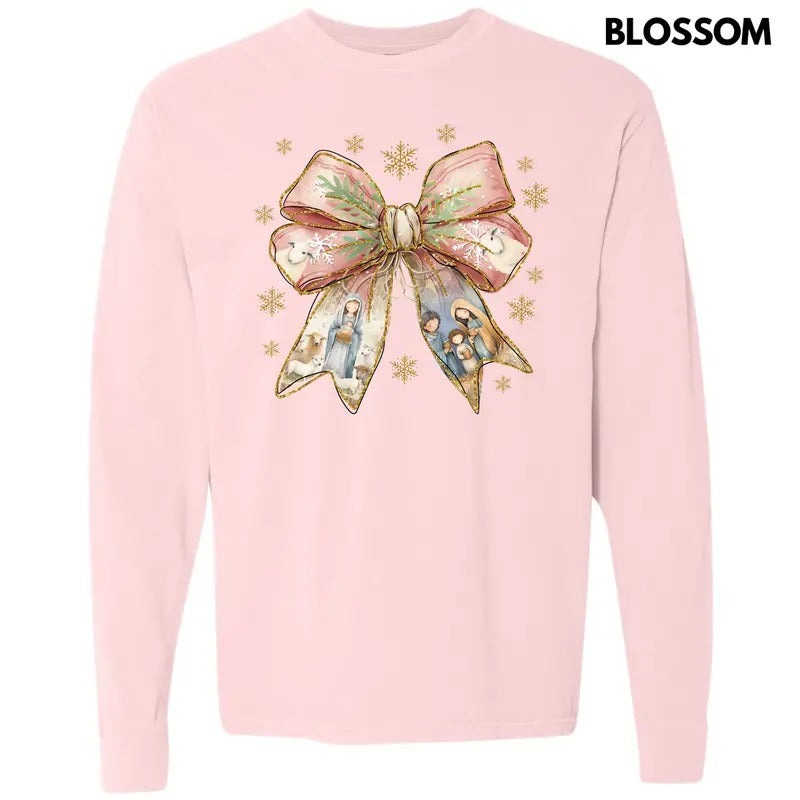 Holy Night Bow Long Sleeve Comfort Colors T-Shirt 'NLB' Hoodie, Sweatshirt | TeeBloomCo.com