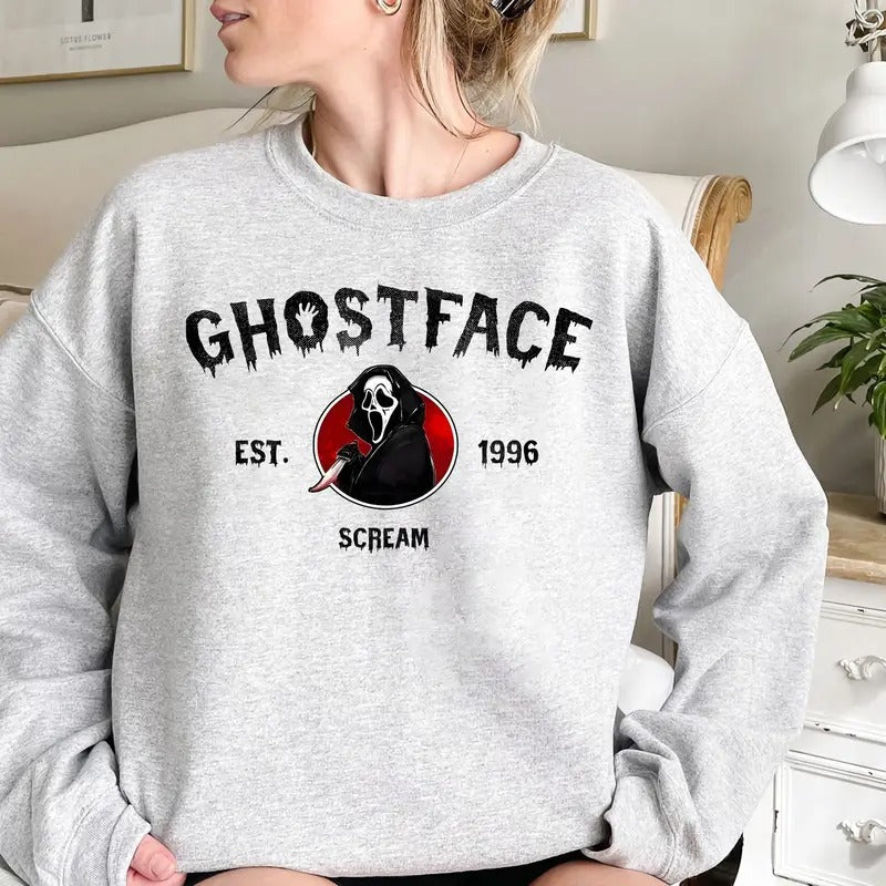 Horror Characters Crewneck Sweatshirt, Ghostface Halloween Sweater, Woodsboro Halloween Tee Shirt, Scary Movies Halloween...