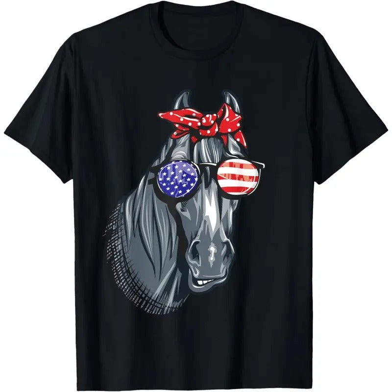 Horse 4th of July Shirt Women Horse Graphic American Flag T-Shirt made in usa Hoodie, Sweatshirt | TeeBloomCo.com