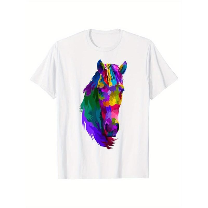 Horse Print Men's Cotton Top, Casual Short Sleeve Crew Neck T-shirt, Men's Clothing For Outdoor made in usa Hoodie,...