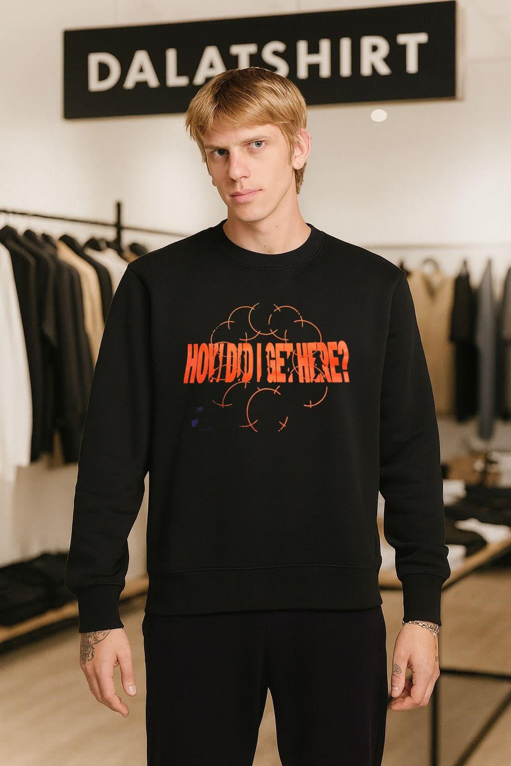 How Did I Get Here orange typography design shirt