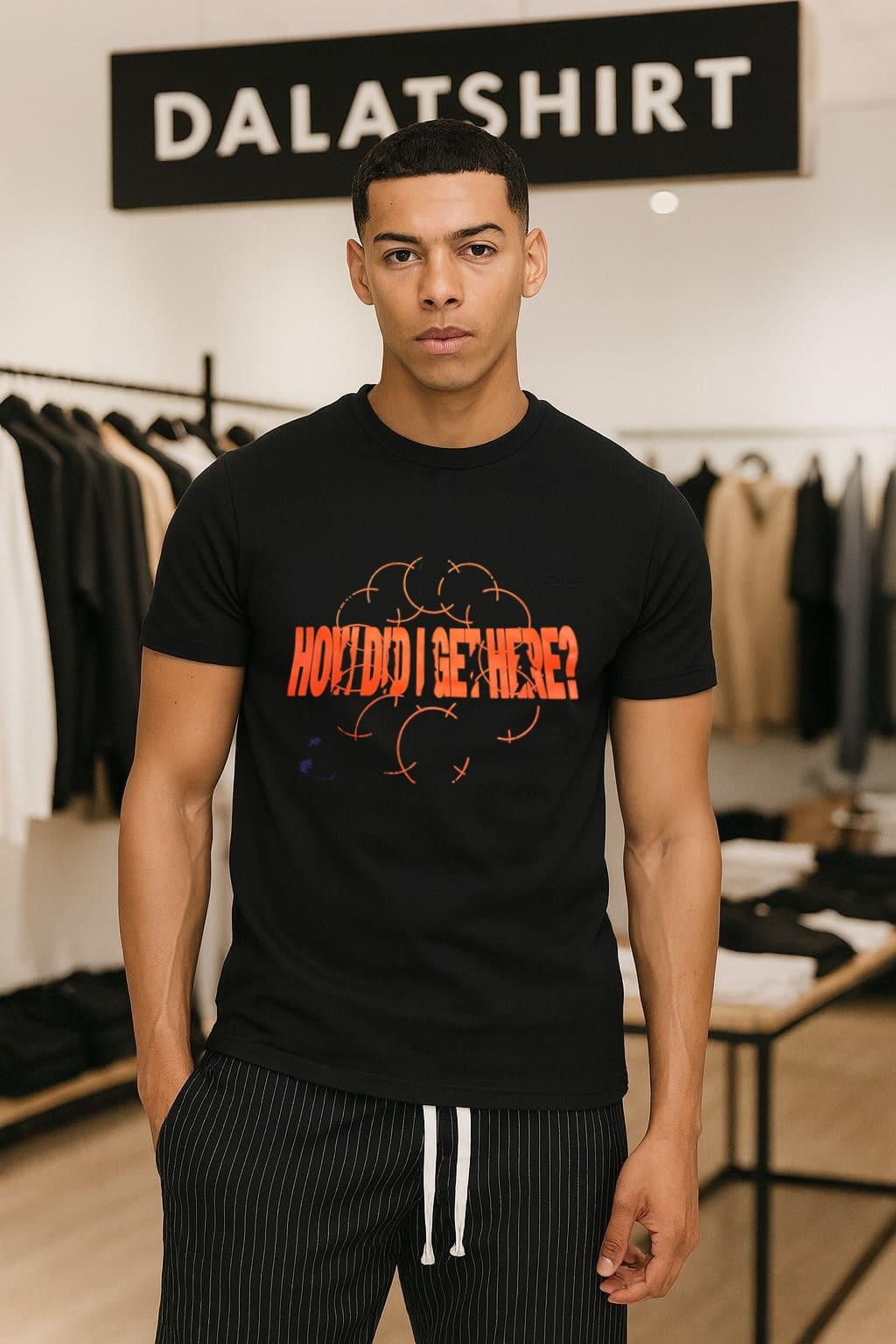 How Did I Get Here orange typography design shirt