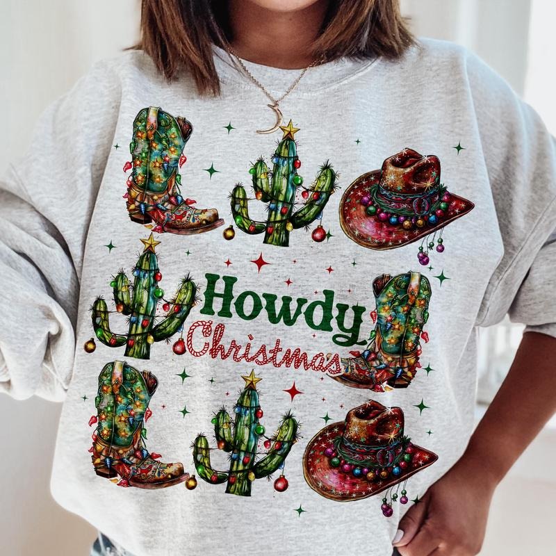 Howdy Chrsitmas Sweatshirt, Christmas Season TShirt, Christmas western Unisex Crewneck Sweatshirt & T-shirt in Cotton Fabric