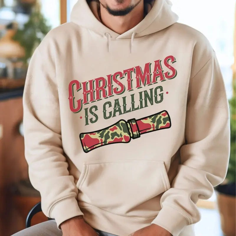 Hunting Christmas Camo Duck Call Unisex Hoodie, Christmas is Calling Hunting Apparel, Hunting Christmas Sweatshirt, Xmas...