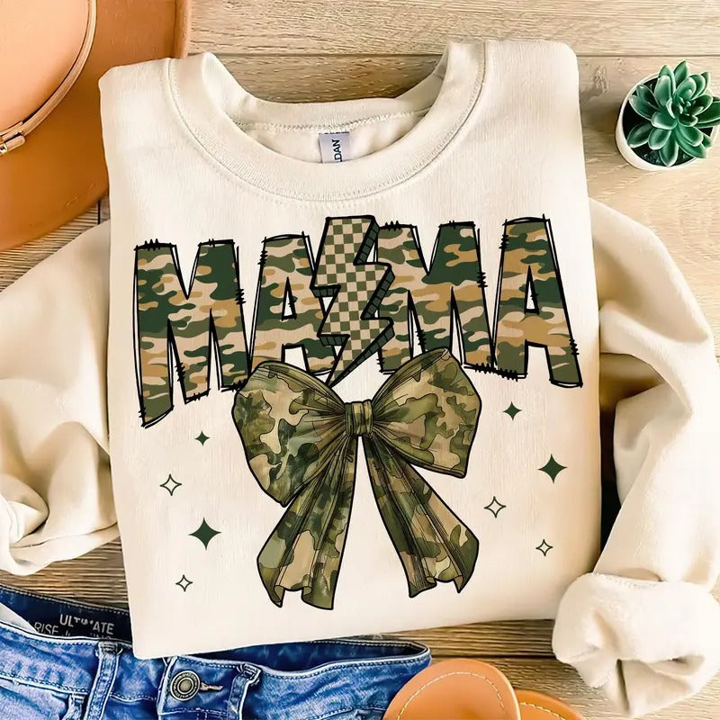 Hunting Mama Camo Bow Tee, Hunting Season Camo Bow Deer Duck Mama Sweatshirt Hoodie | TeeBloomCo.com