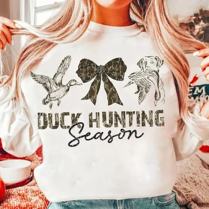 Hunting Season Duck and Dog Camo Coquette Bow Sweatshirt, Old School Camo Girls Shirt Top Hoodie | TeeBloomCo.com