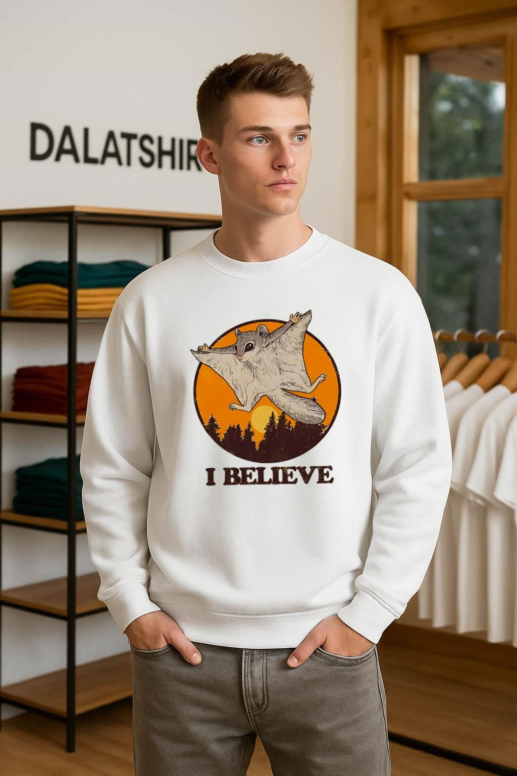 I Believe Flying Squirrel Gliding Over Forest Sunset Silhouette Vintage shirt