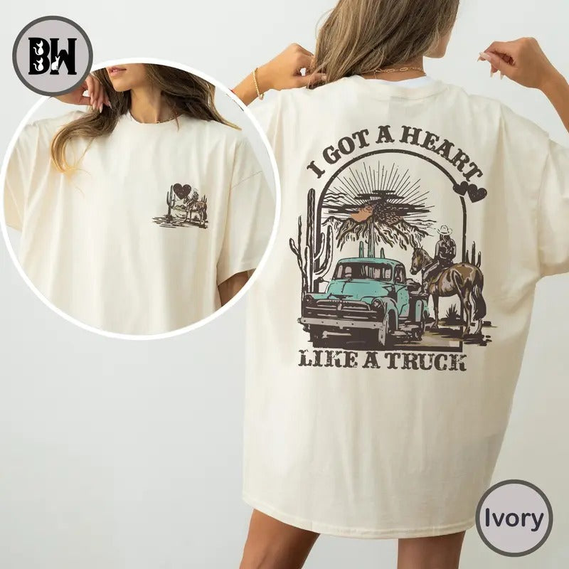 I Got A Heart Like A Truck T Shirt, Women Country Music Shirts, Nashville Concert, Outfit Western Sunset Cowgirl Tops...