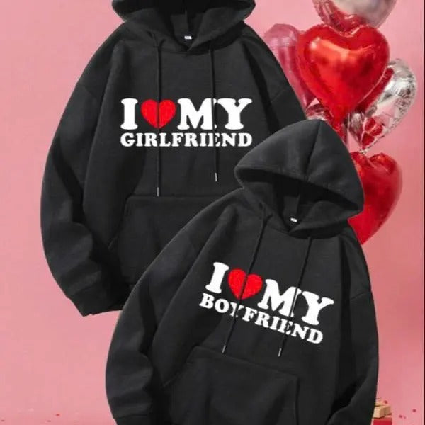 I Love My Boyfriend Monogram Graphic Pullover Casual Menswear Hoodie, Hoodies Trendy, Stylish Streetwear Kangaroo Pocket...