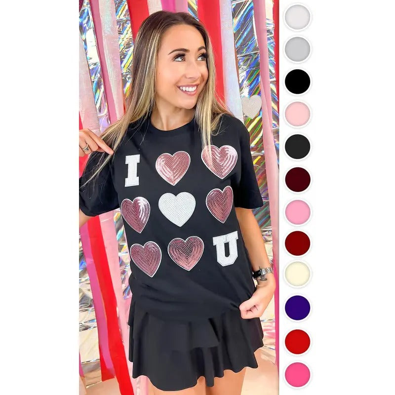 I Love You  Sequin Valentine Heart Graphic T-Shirt Hoodie, Sweatshirt | TeeBloomCo.com