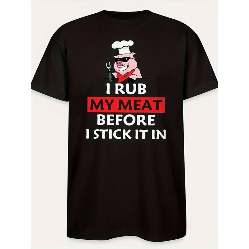 I Rub The Meat Before Putting It In Cute Pig Pattern Print Men's Summer Short-sleeved Round Neck Casual T-shirt Men's...