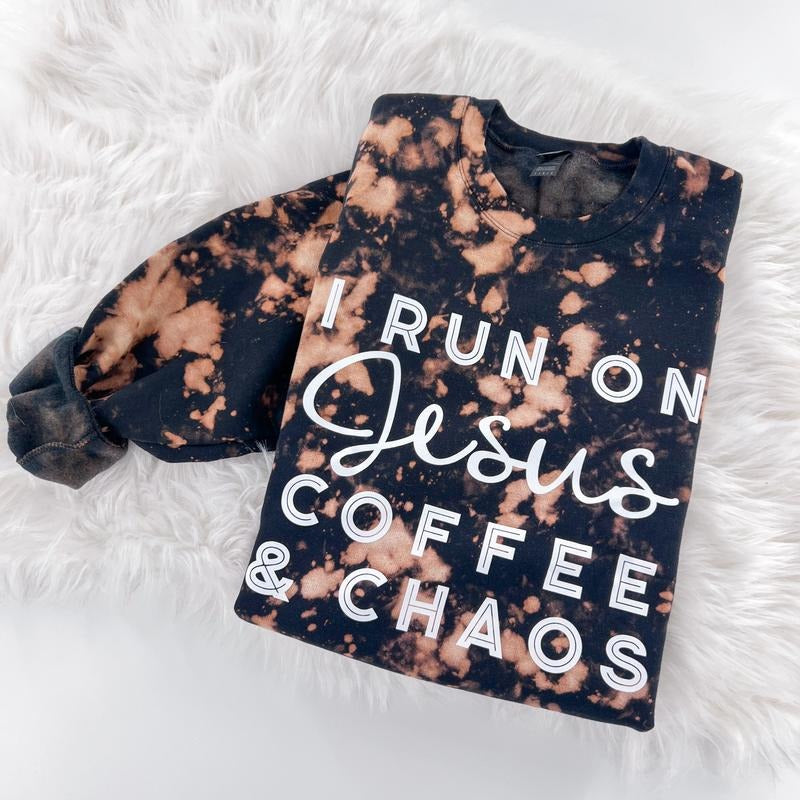 I Run on Jesus Coffee and Chaos Marbled T-shirt Sweatshirt or Hoodie Comfy Womenswear Tops | TeeBloomCo.com