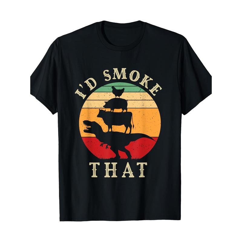I'd Smoke That Funny BBQ Vintage Meat Smoker Grill Dinosaur T-Shirt 100%Cotton