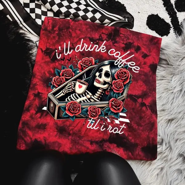'I'll Drink Coffee Til I Rot' Red & Black Tie Dye Crewneck tsHIRT , Alt, Grunge, Streetwear, Sarcastic, Punk, Cotton,...