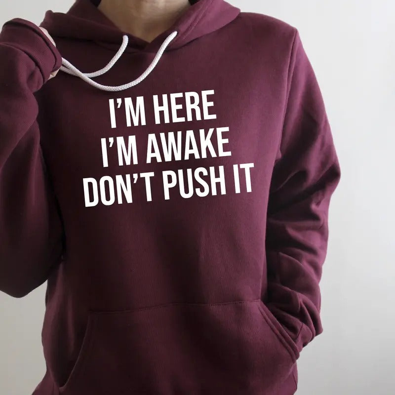 I'm Here I'm Awake Don't Push It Sweatshirt, Sarcastic Hoodie, Funny Gift Idea Sarcasm, Funny Saying T Shirt, Unisex...