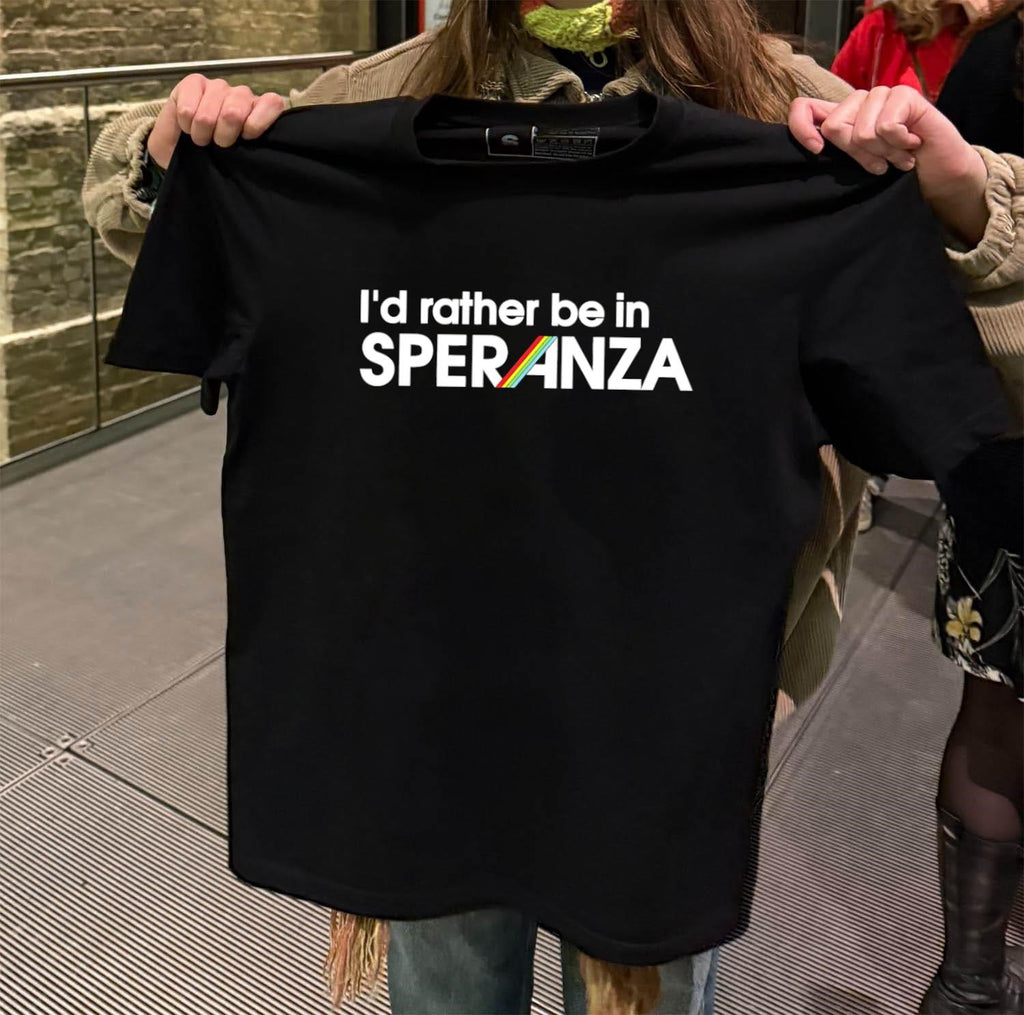 I’d Rather Be In Speranza Text with Retro Rainbow Stripes shirt