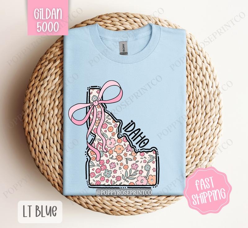 Idaho Gildan T-shirt, Cute Idaho State Shirt, Idaho Floral Bow Tee Hoodie, Sweatshirt | TeeBloomCo.com