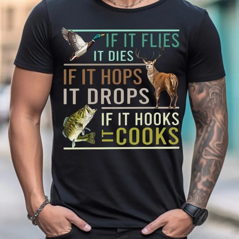 If It Flies It Dies Hunting and Fishing Unisex Shirt, Outdoorsman Outfits, Hunting Graphic Tee Outdoors Wear Tops Hoodie,...