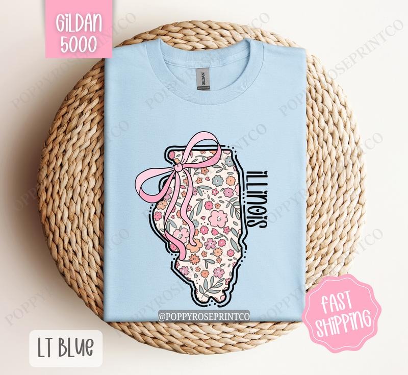Illinois Gildan T-shirt, Cute Illinois State Shirt, Illinois Floral Bow Tee Hoodie, Sweatshirt | TeeBloomCo.com