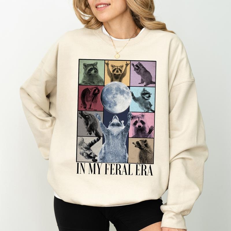 In My Feral Era Sweatshirt, Feral Women Crewneck, Meme Raccoon Long Sleeved Pullover, Racoons Howling At The Moon...