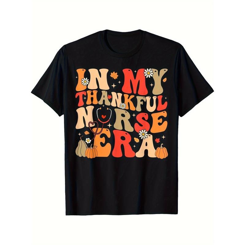 In My Thankful Nurse Era Retro Autumn Thanksgiving Nurse Printed T-shirt Comfortable Breathable, Casual Short Sleeve,...