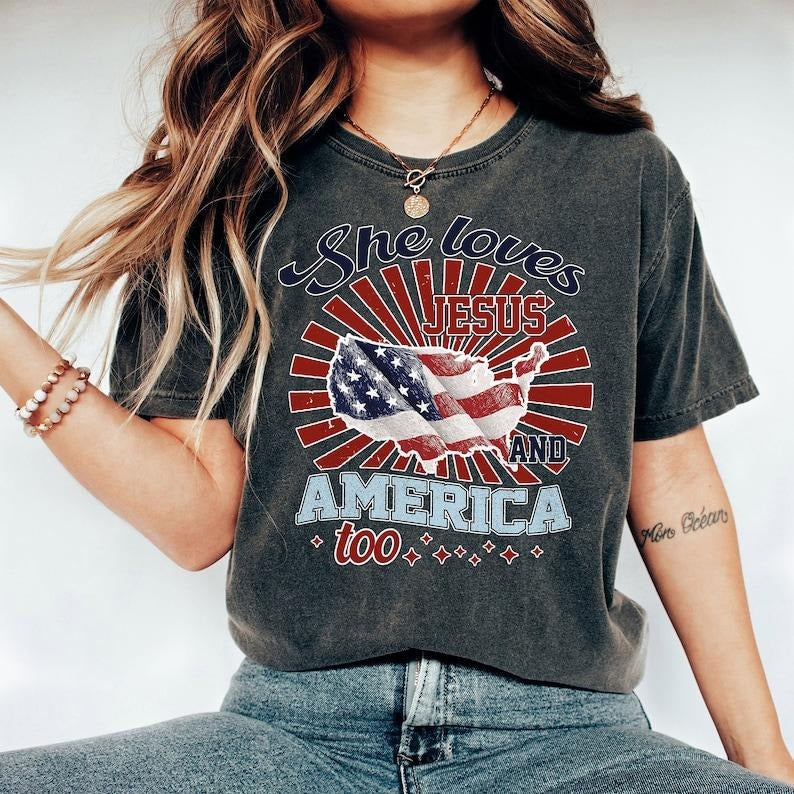 Independence Day Shirt, 4th of July Christian Shirt, She Loves Jesus And America Too Shirt, America Retro Shirt, Usa...