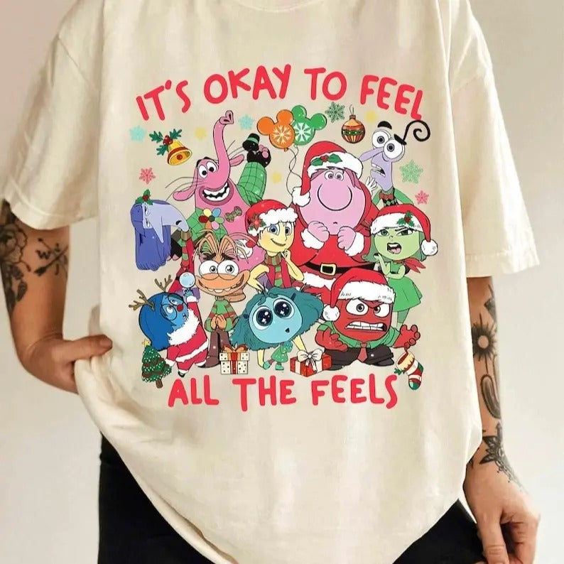 Inside Out 2 Characters It's Okay To Feel All The Feels Tee, Joy Anxiety Anger Sadness Ennui Tee, Christmas Matching...