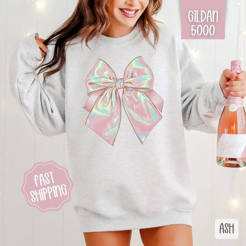 Iridescent Coquette Bow Sweatshirt, Bow Crewneck, Cute Women's Sweater T-Shirts, Hoodie | TeeBloomCo.com