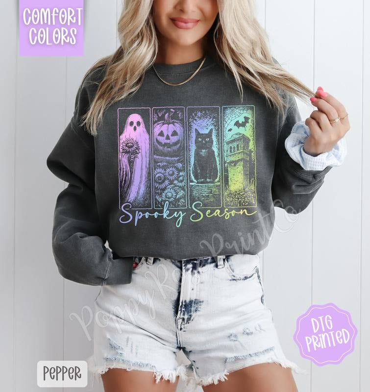 Iridescent Spooky Season Comfort Colors Sweatshirt, Trendy Halloween Crewneck T-Shirts, Hoodie | TeeBloomCo.com