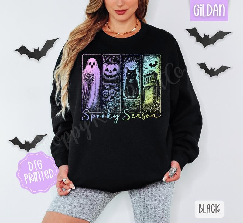 Iridescent Spooky Season Sweatshirt, Trendy Halloween Crewneck T-Shirts, Hoodie | TeeBloomCo.com